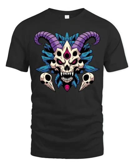 Gothic Demon Skull Purple Horns Shaman Graphic Tshirt - black t-shirt on white background