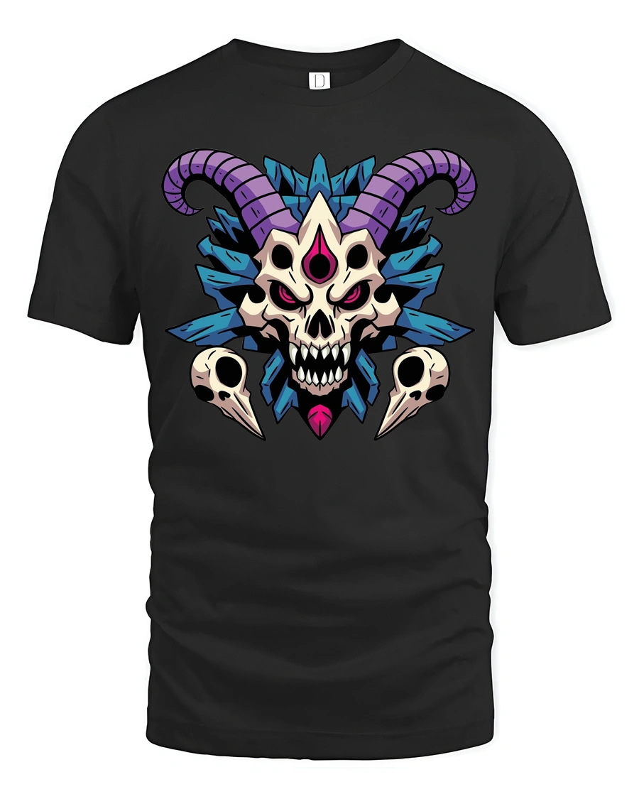 Gothic Demon Skull Purple Horns Shaman Graphic Tshirt - 1 Gothic Demon Skull Purple Horns Shaman Graphic Tshirt - black t-shirt on white background