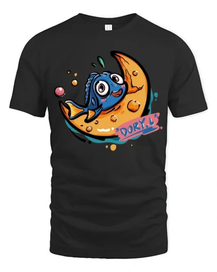 Adorable Dory Cartoon Character Crescent Moon Novelty Tshirt - black t-shirt on white background