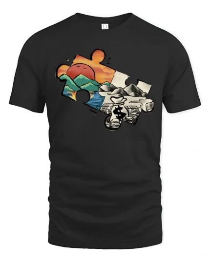 Comical Jigsaw Puzzle Piece Mountain Cash Landscape T shirt - black t-shirt on white background