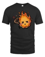 Calcifer Cat Flame Cute Cartoon Graphic Tshirt - black t-shirt on white background