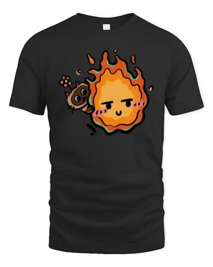 Calcifer Cat Flame Cute Cartoon Graphic Tshirt - black t-shirt on white background