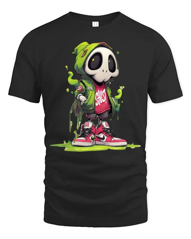Radical Green Hooded Skull Streetwear Slime Graphic Tshirt - black t-shirt on white background