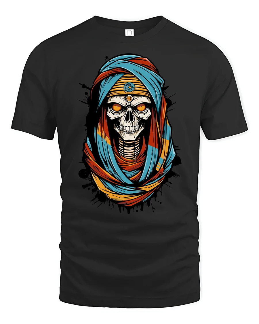 Menacing Ancient Mummy King Glowing Eyes Novelty Graphic Tee - 1 Menacing Ancient Mummy King Glowing Eyes Novelty Graphic Tee - black t-shirt on white background