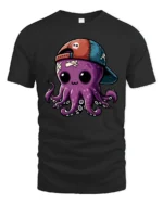 Adorable Skull Cap Octopus Marine Life Punk Graphic Tshirt - black t-shirt on white background