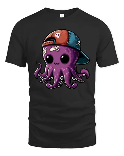 Adorable Skull Cap Octopus Marine Life Punk Graphic Tshirt - black t-shirt on white background