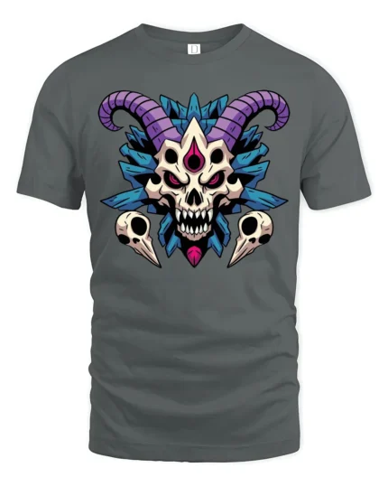 Gothic Demon Skull Purple Horns Shaman Graphic Tshirt - gray t-shirt on white background