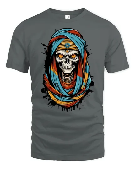 Menacing Ancient Mummy King Glowing Eyes Novelty Graphic Tee - gray t-shirt on white background