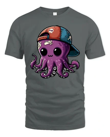 Adorable Skull Cap Octopus Marine Life Punk Graphic Tshirt - gray t-shirt on white background