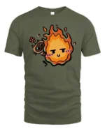 Calcifer Cat Flame Cute Cartoon Graphic Tshirt - military green t-shirt on white background