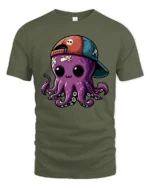 Adorable Skull Cap Octopus Marine Life Punk Graphic Tshirt - military green t-shirt on white background
