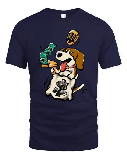 Witty Cash Rain Puppy Money Bag Pet Lover Graphic Tshirt - navy t-shirt on white background