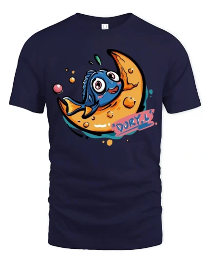 Adorable Dory Cartoon Character Crescent Moon Novelty Tshirt - navy t-shirt on white background