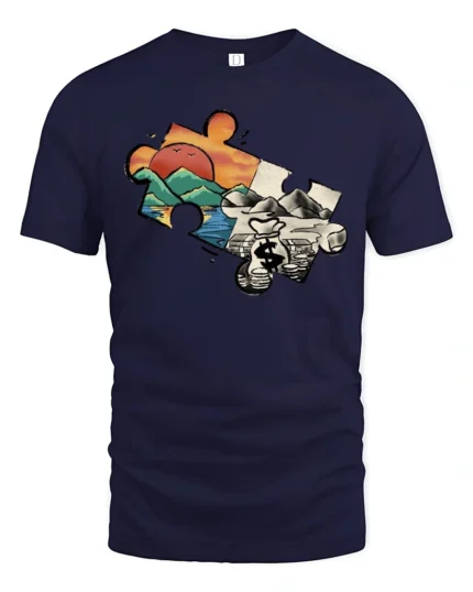 Comical Jigsaw Puzzle Piece Mountain Cash Landscape T shirt - navy t-shirt on white background