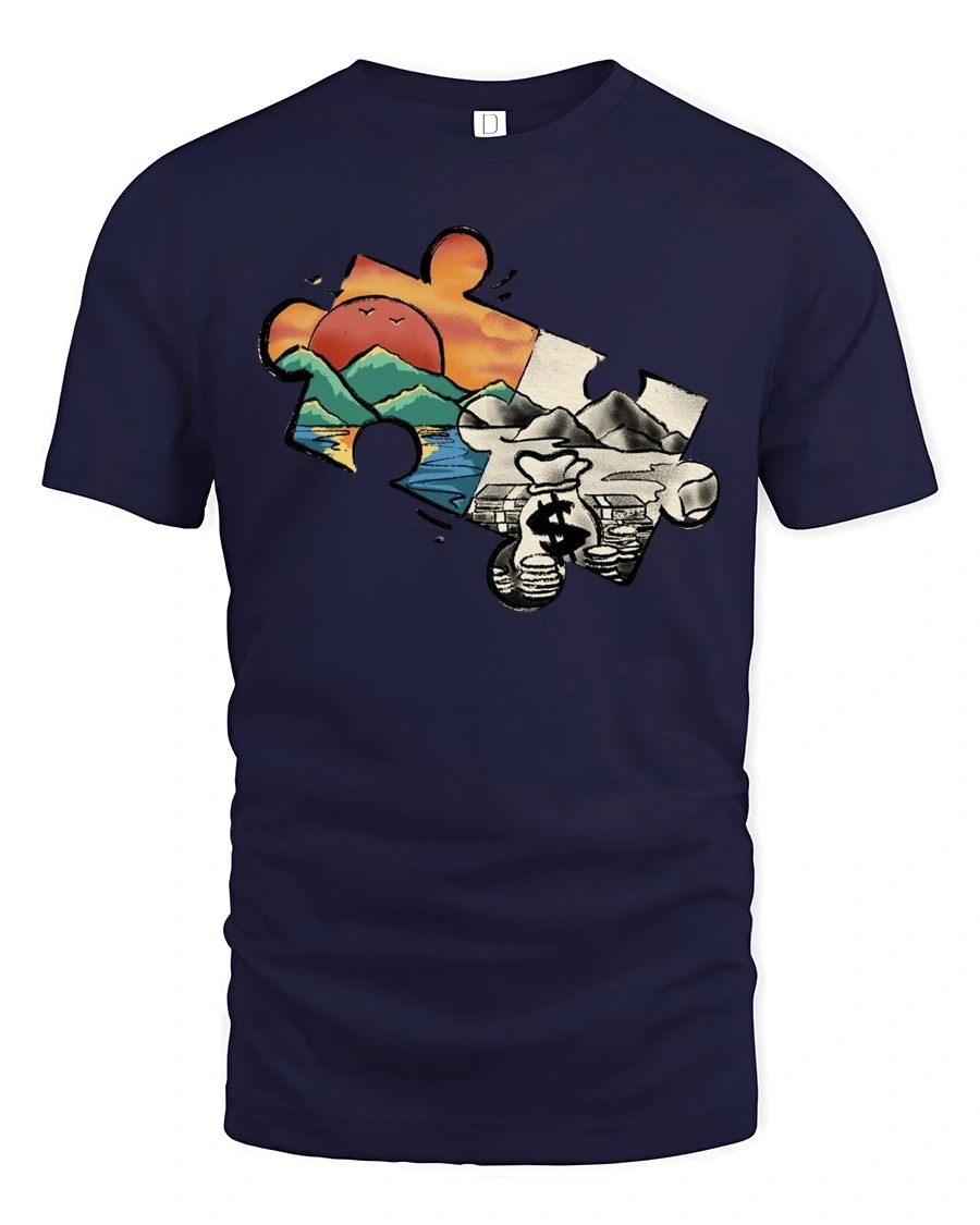 Comical Jigsaw Puzzle Piece Mountain Cash Landscape T shirt - 1 Comical Jigsaw Puzzle Piece Mountain Cash Landscape T shirt - navy t-shirt on white background
