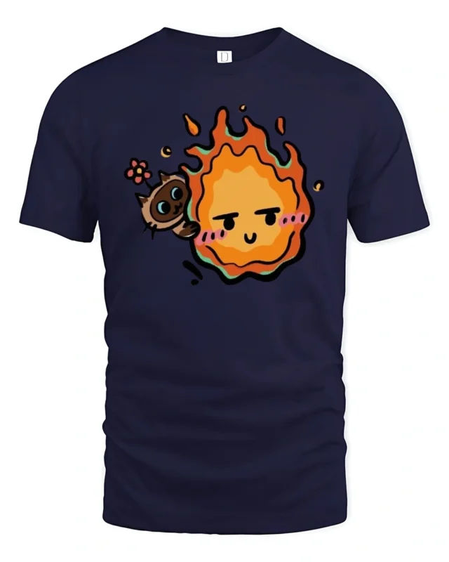 Calcifer Cat Flame Cute Cartoon Graphic Tshirt - navy t-shirt on white background