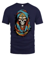 Menacing Ancient Mummy King Glowing Eyes Novelty Graphic Tee - navy t-shirt on white background