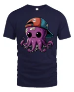 Adorable Skull Cap Octopus Marine Life Punk Graphic Tshirt - navy t-shirt on white background