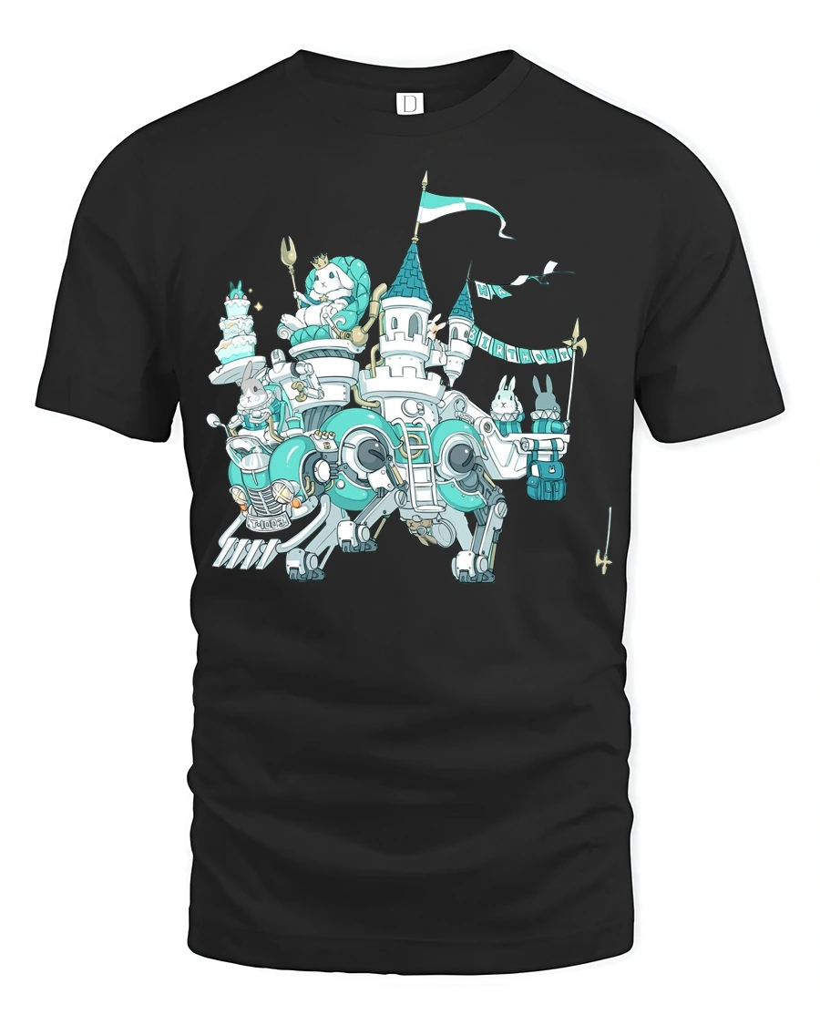 Splendid Mechanical Rabbit Castle Birthday Party Graphic Tee - 1 Splendid Mechanical Rabbit Castle Birthday Party Graphic Tee - black t-shirt on white background