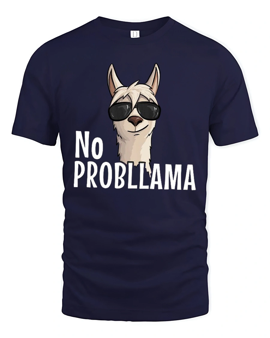 Amusing No Probllama Funny Llama Pun Sunglasses Graphic Tee - 1 Amusing No Probllama Funny Llama Pun Sunglasses Graphic Tee - navy t-shirt on white background