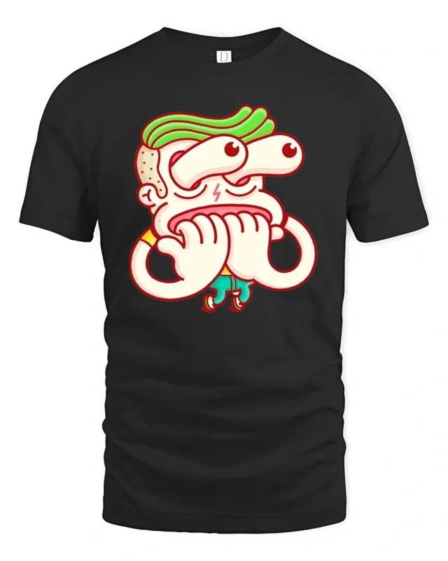 Paranoid Character Green Hair Pop Art Graphic Tshirt - black t-shirt on white background