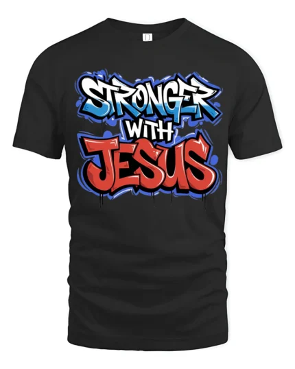 Inspiring Stronger With Jesus Faith Slogan Graphic Tshirt - black t-shirt on white background
