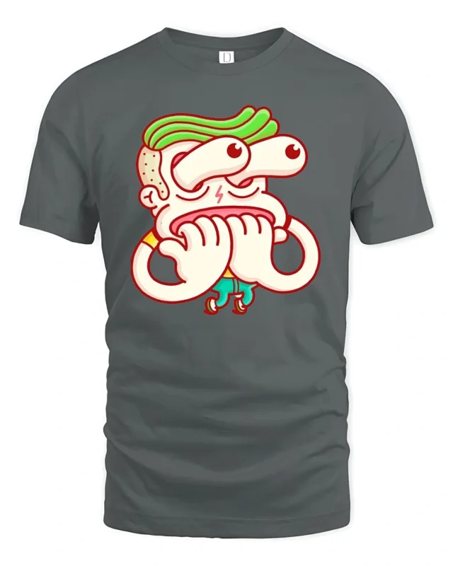 Paranoid Character Green Hair Pop Art Graphic Tshirt - gray t-shirt on white background