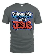 Inspiring Stronger With Jesus Faith Slogan Graphic Tshirt - gray t-shirt on white background