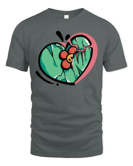 Broken Heart Blooming Flower Streetwear Graphic Tee - gray t-shirt on white background