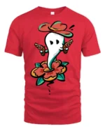Gunslinger Ghost Western Cowboy Hat Graphic Tee - red t-shirt on white background