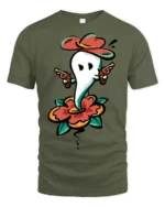 Gunslinger Ghost Western Cowboy Hat Graphic Tee - military green t-shirt on white background