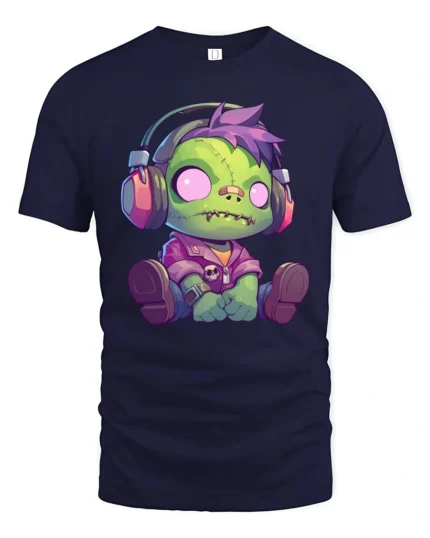 Chibi Zombie Gamer Headset Music Lover Graphic Tshirt - navy t-shirt on white background