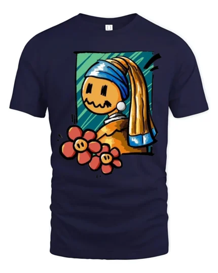 Humorous Masterpiece Remix Smiling Face Graphic Tee - navy t-shirt on white background
