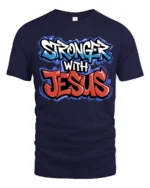 Inspiring Stronger With Jesus Faith Slogan Graphic Tshirt - navy t-shirt on white background