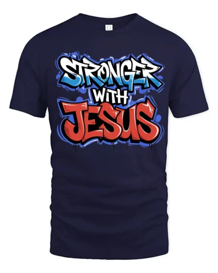 Inspiring Stronger With Jesus Faith Slogan Graphic Tshirt - navy t-shirt on white background