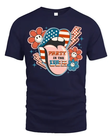 Festive Party In The USA Patriotic Lips Graphic Tee - navy t-shirt on white background
