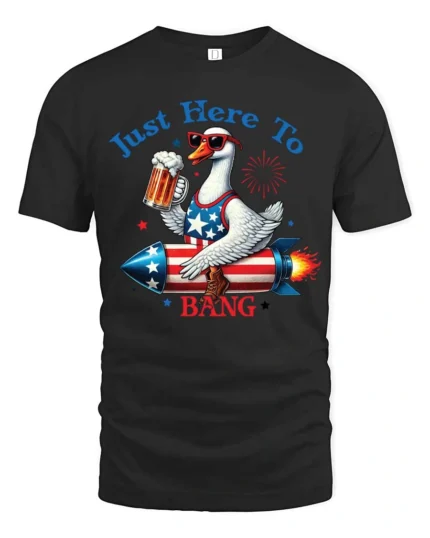 Hilarious Patriotic Duck Riding Rocket Funny Graphic Tee - black t-shirt on white background