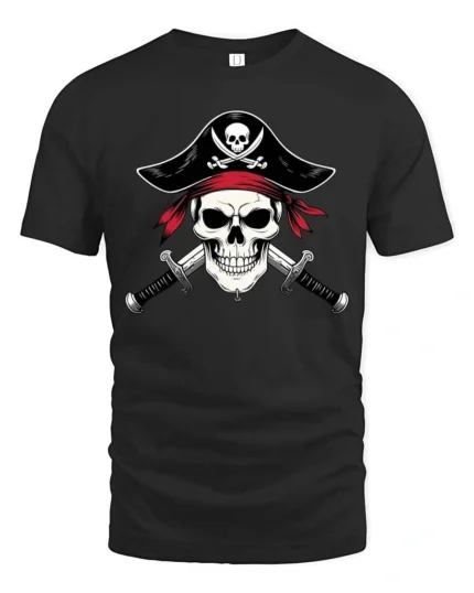 Fearless Pirate Captain Skull Crossed Swords Graphic Tee - black t-shirt on white background