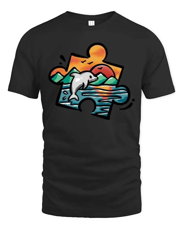Artistic Dolphin Ocean Sunset Puzzle Piece Graphic Tee - black t-shirt on white background