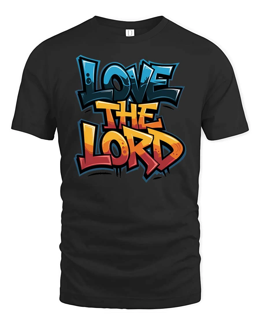 Expressive Love The Lord Graffiti Street Art Graphic Tee - 1 Expressive Love The Lord Graffiti Street Art Graphic Tee - black t-shirt on white background