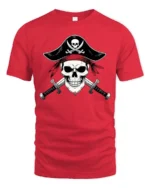 Fearless Pirate Captain Skull Crossed Swords Graphic Tee - red t-shirt on white background