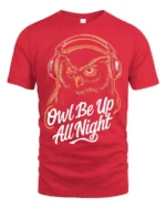 Wise Night Owl Be Up All Night Headphone Music Graphic Tee - red t-shirt on white background