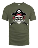 Fearless Pirate Captain Skull Crossed Swords Graphic Tee - military green t-shirt on white background