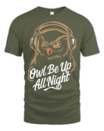 Wise Night Owl Be Up All Night Headphone Music Graphic Tee - military green t-shirt on white background