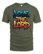 Expressive Love The Lord Graffiti Street Art Graphic Tee - military green t-shirt on white background