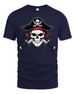 Fearless Pirate Captain Skull Crossed Swords Graphic Tee - navy t-shirt on white background