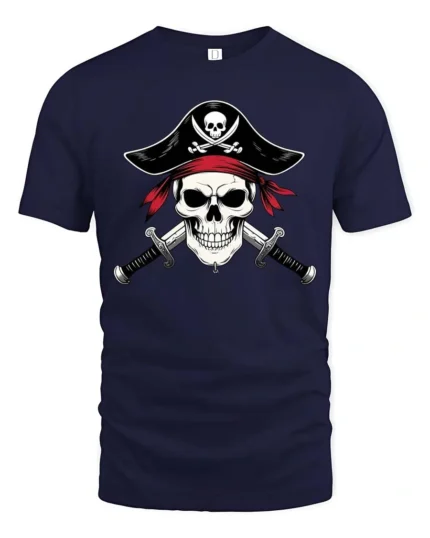 Fearless Pirate Captain Skull Crossed Swords Graphic Tee - navy t-shirt on white background
