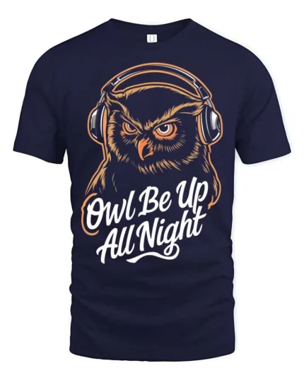 Wise Night Owl Be Up All Night Headphone Music Graphic Tee - navy t-shirt on white background