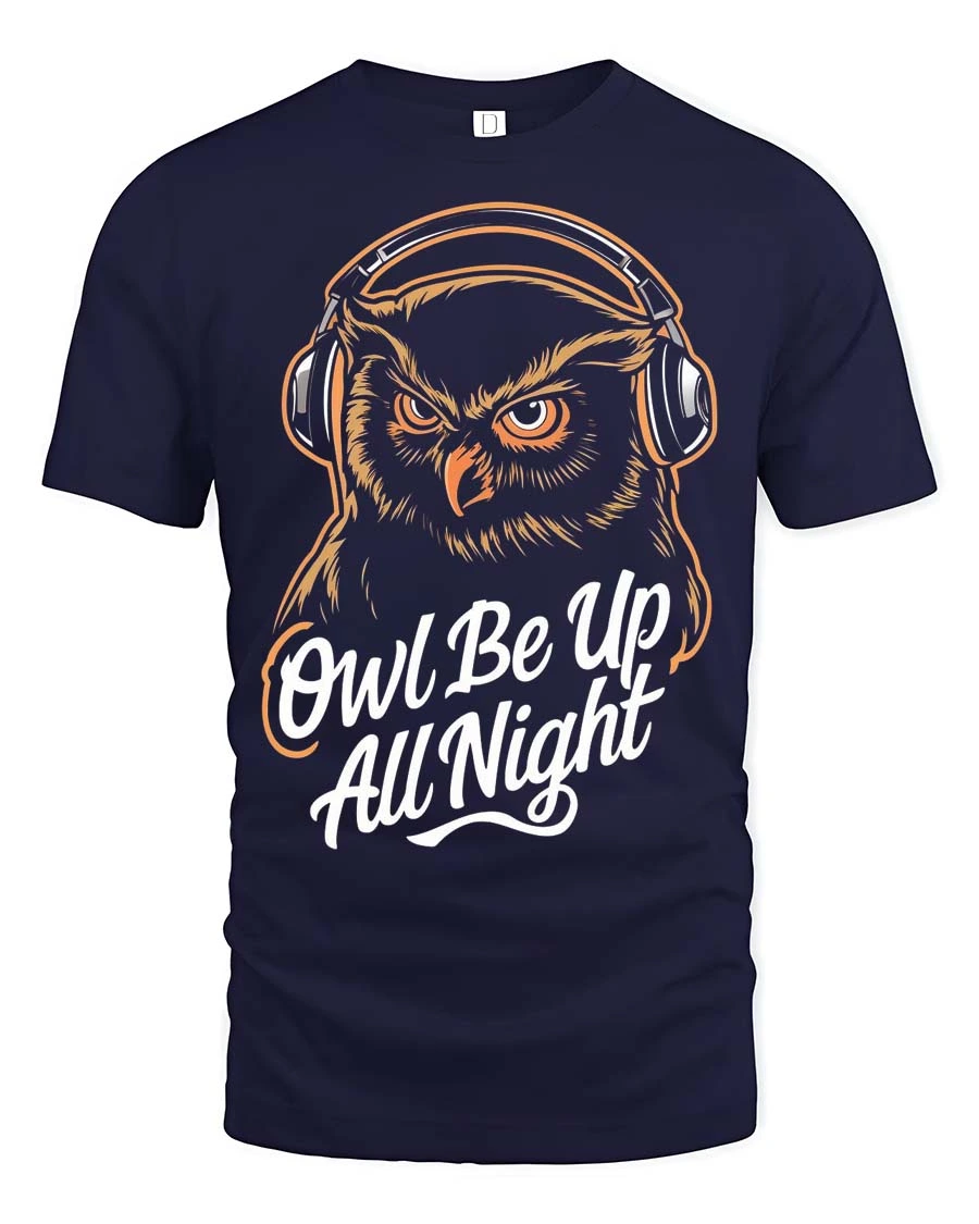 Wise Night Owl Be Up All Night Headphone Music Graphic Tee - 1 Wise Night Owl Be Up All Night Headphone Music Graphic Tee - navy t-shirt on white background