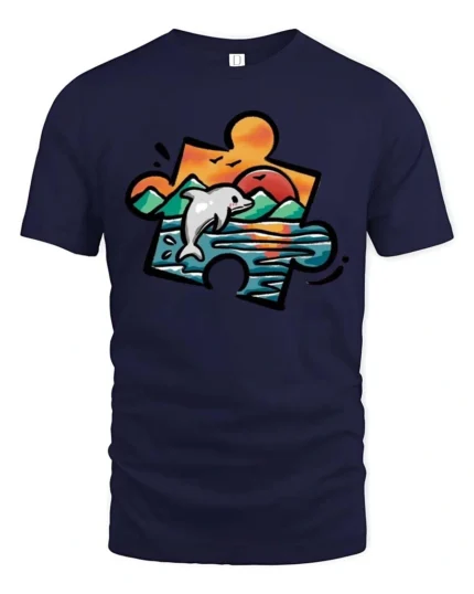 Artistic Dolphin Ocean Sunset Puzzle Piece Graphic Tee - navy t-shirt on white background